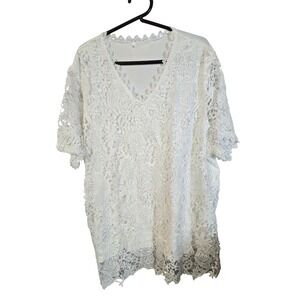 White Floral Lace V-Neck Short Sleeve Blouse Plus Size 5XL Boho Scalloped Trim